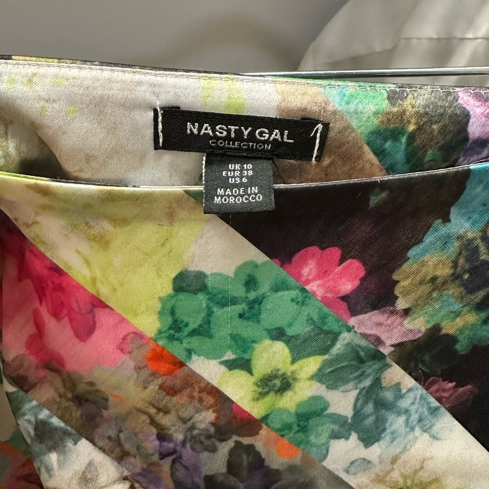 Nasty Gal Floral Satin Midi Skirt — Teal, Pink & Yellow